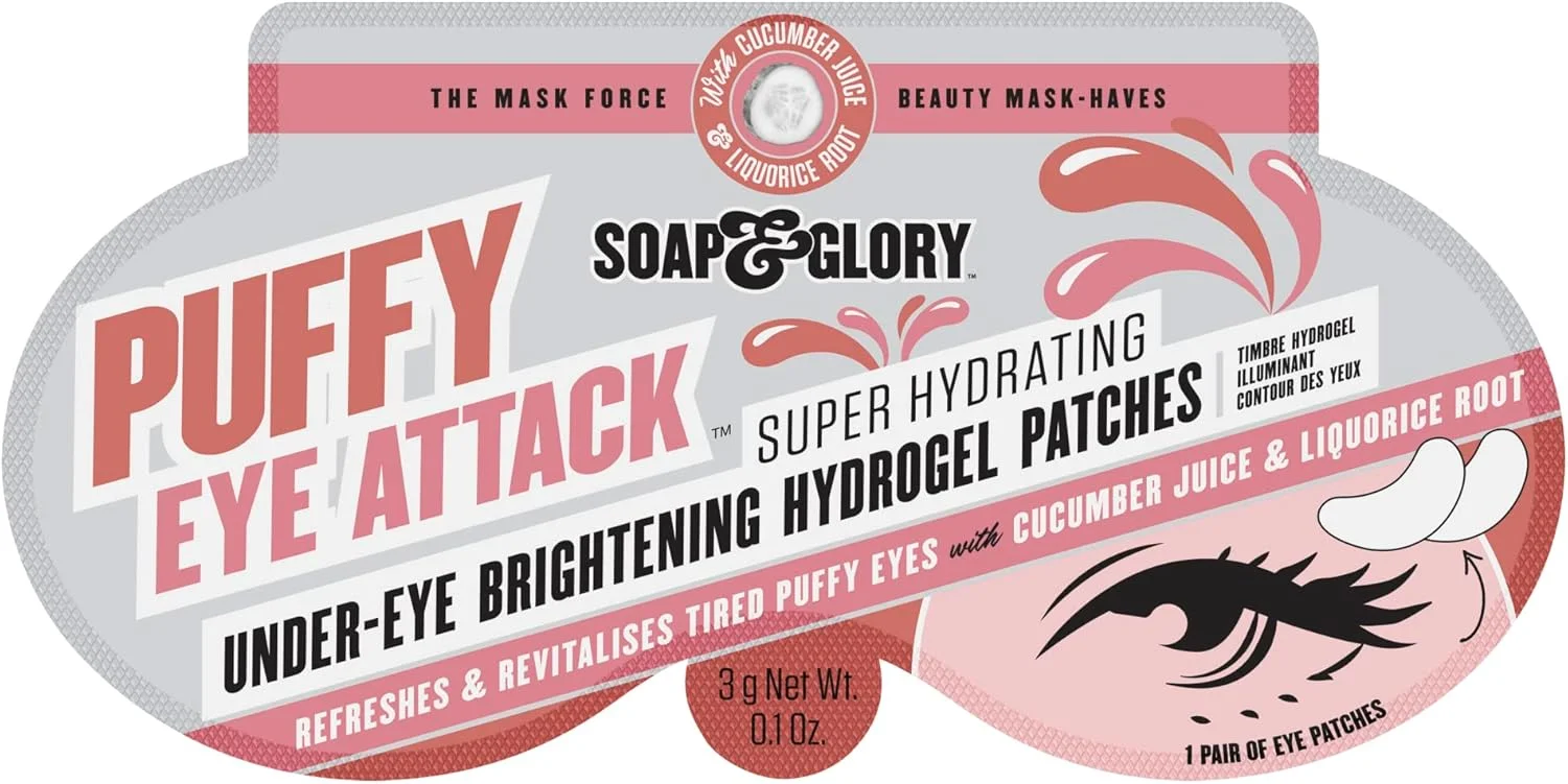 ماسک زیر چشم روشن کننده Soap & Glory Puffy Eye Attack - پدهای ژلی چشم برای کاهش ظاهر حلقه های تیره و پف زیر چشم - درمان آبرسان پف چشم (1 عدد)