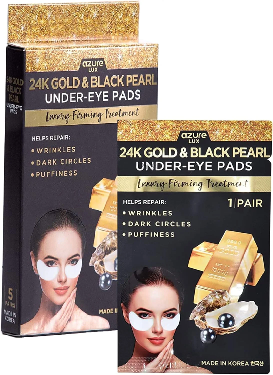 پدهای زیر چشم سفت کننده لوکس مروارید سیاه و طلای 24 عیار AZURE - پدهای ماسک چشم مرطوب کننده و ترمیم کننده - کاهش خطوط ریز، چین و چروک، حلقه های تیره و پف کردگی - مراقبت از پوست ساخت کره - 5 جفت