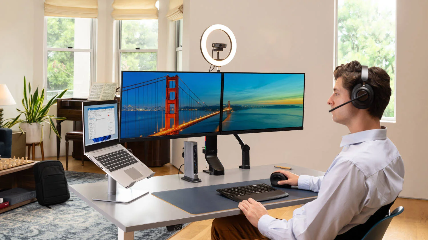 پک ضروری کنزینگتون برای تجربه کنفرانس ویدیویی حرفه ای، وب کم 1080p، نور حلقه ای و پایه رومیزی قابل تنظیم، میکروفون داخلی با قابلیت کاهش نویز | K8117MHL