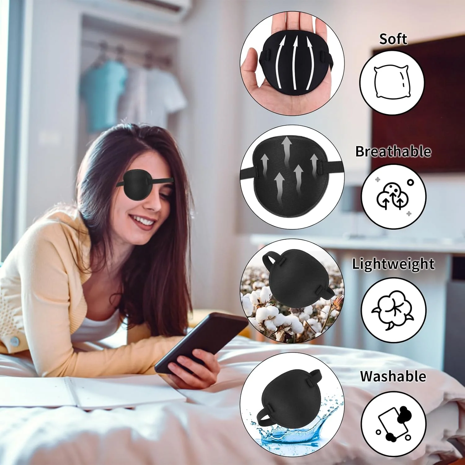 Bewudy 2 عدد پد چشم، پدهای چشمی سه بعدی قابل تنظیم، پدهای چشم تنبل آمبلیوپی برای چشم چپ یا راست برای بزرگسالان و کودکان (مشکی)