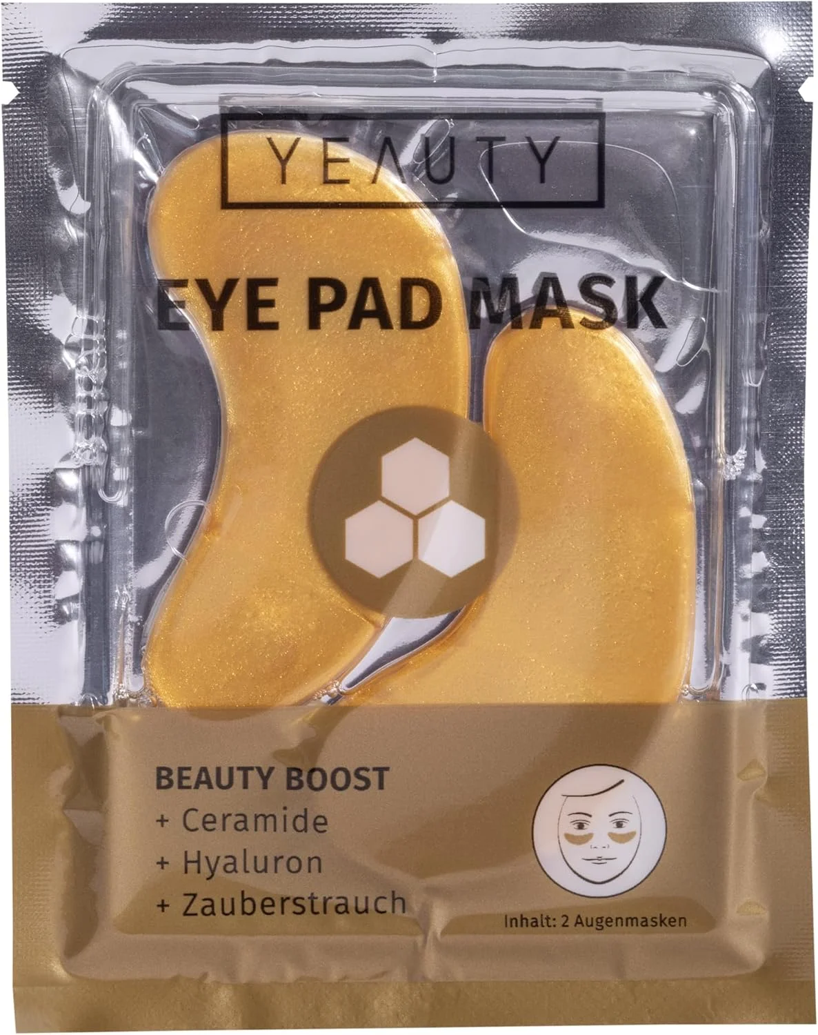 پدهای دور چشم Yeauty Beauty Boost، پدهای مرطوب کننده دور چشم با مواد فعال کلاژن، هیالورون، بوته جادویی و طلا، 2 عدد در بسته