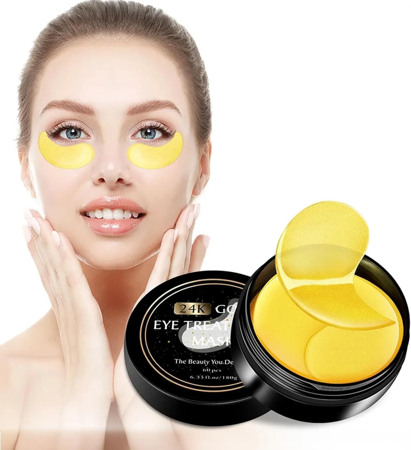 ماسک چشم 60 عددی طلای 24 عیار، ماسک چشم 60 عددی طلای خالص ضد پیری کلاژن اسید هیالورونیک برای پف و سیاهی دور چشم و ماسک های درمانی مرطوب کننده عمیق ضد پیری برای زنان