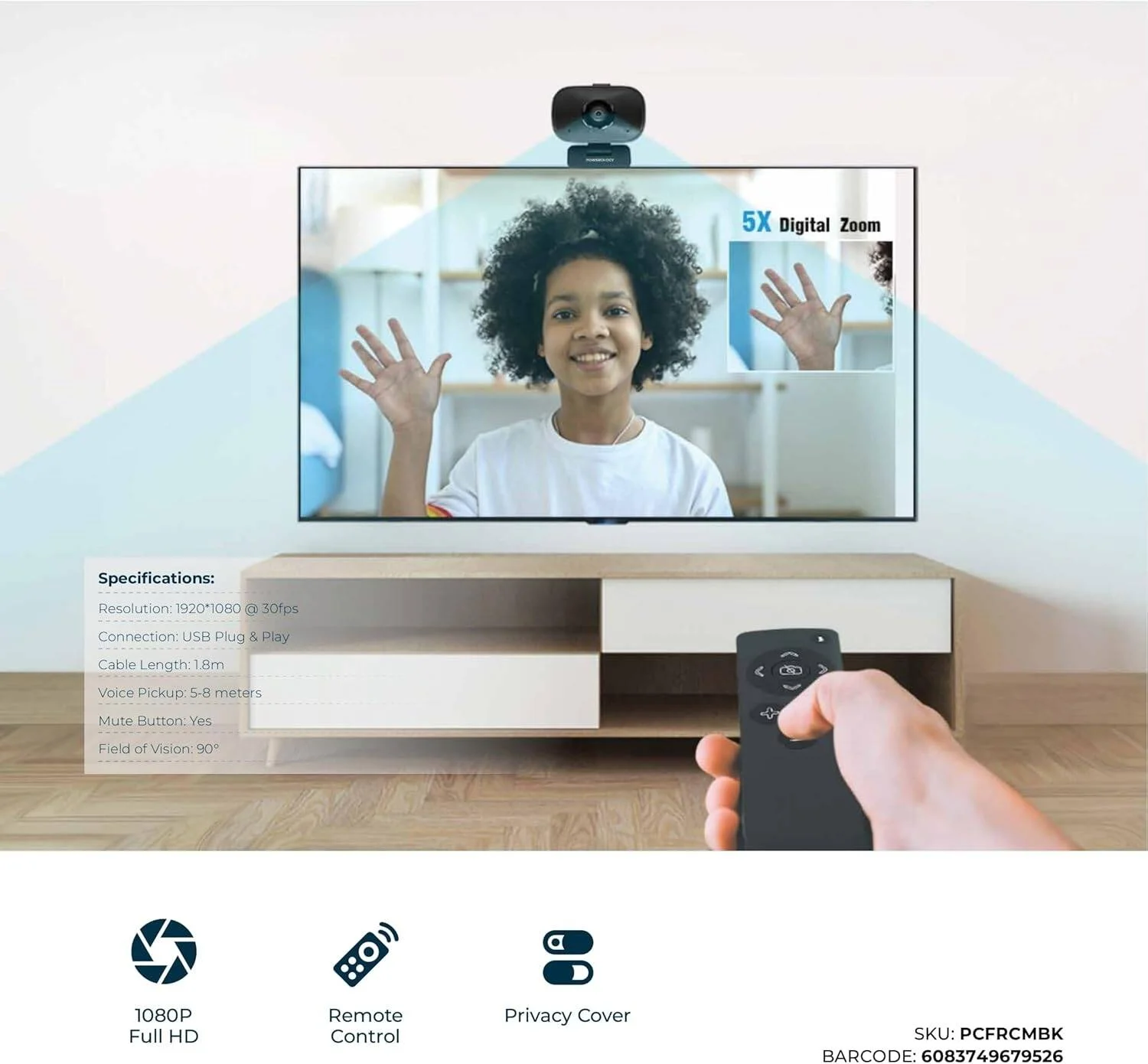 وب کم کنفرانس پاورولوژی 1080P با زاویه دید 90 درجه، میکروفون دوگانه و کنترل از راه دور - ویدئو شفاف و واضح، بلندگوی 5 واتی و سه پایه همراه