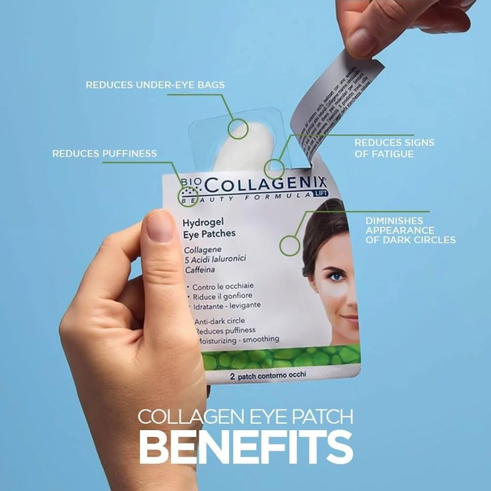 پچ های هیدروژل دور چشم - کلاژن دریایی، اسید هیالورونیک و کافئین برای کاهش تیرگی دور چشم، رفع پف، آبرسانی 30% بیشتر، فرمول تسکین دهنده و به حداقل رساندن چین و چروک زیر چشم