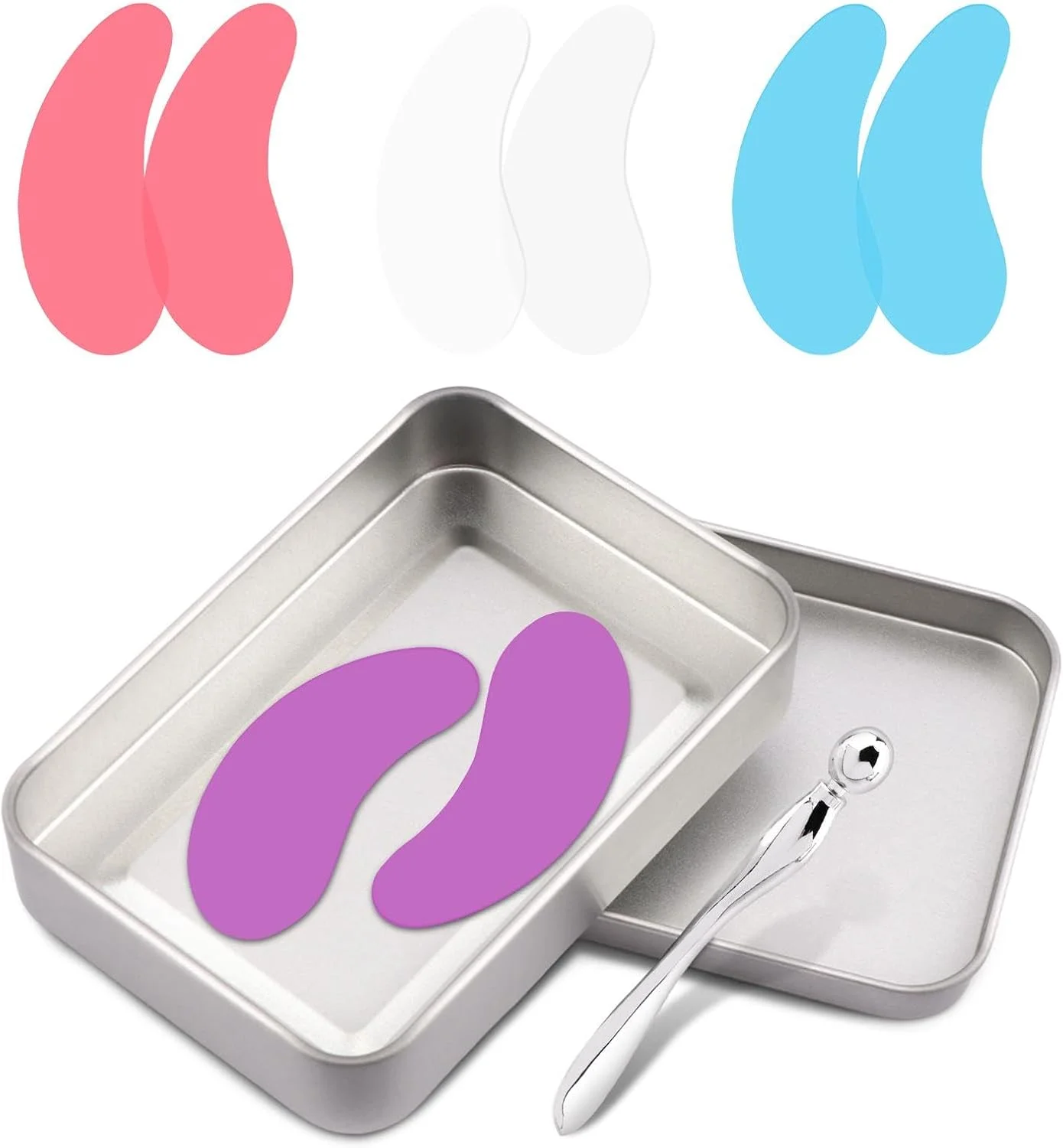 پدهای زیر چشم Bibabala، ست پد سیلیکونی با جعبه و اپلیکاتور کرم، سیلیکونی قابل استفاده مجدد (شفاف، صورتی، آبی، بنفش)