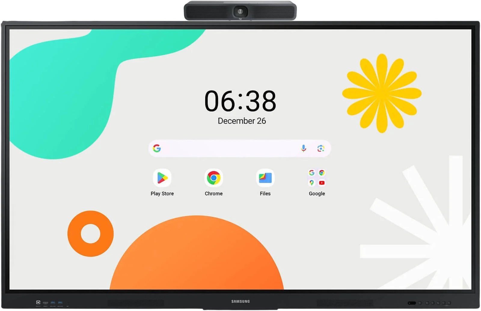 نمایشگر تعاملی سری SAMSUNG WAF، نمایشگر لمسی 86 اینچی 4K UHD IR، به همراه دوربین کنفرانس ویدیویی Logitech MeetUp 2 و پایه تلویزیون Logitech XL