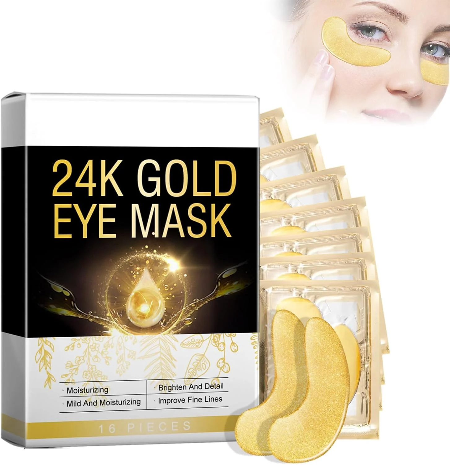 پچ زیر چشم طلای 24 عیار، ماسک مرطوب کننده چشم، 8 جفت پچ زیر چشم برای حلقه های تیره، پوشش سفت کننده چشم، ماسک طلای چشم برای پف و چین و چروک، ضد پیری، حلقه های تیره (03)