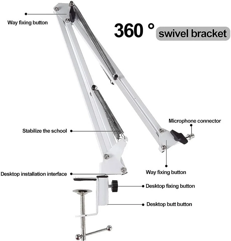 پایه میکروفون بوم Dayong، نگهدارنده میکروفون با چرخش 360 درجه، سر میکروفون با چرخش 270 درجه، بازوی قیچی تعلیق قابل تنظیم، پشتیبانی کنسولی، کاربرد گسترده، سفید | DY-35