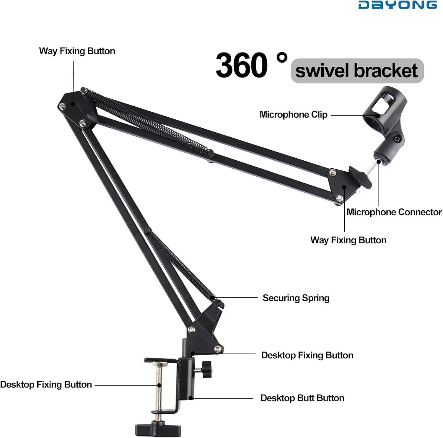 پایه بوم میکروفون Dayong، نگهدارنده میکروفون با چرخش 360 درجه، سر میکروفون با چرخش 270 درجه، آداپتور پیچ رزوه ای 5/8 اینچی، پشتیبانی کنسولی، کاربرد گسترده، مشکی | DYBLK