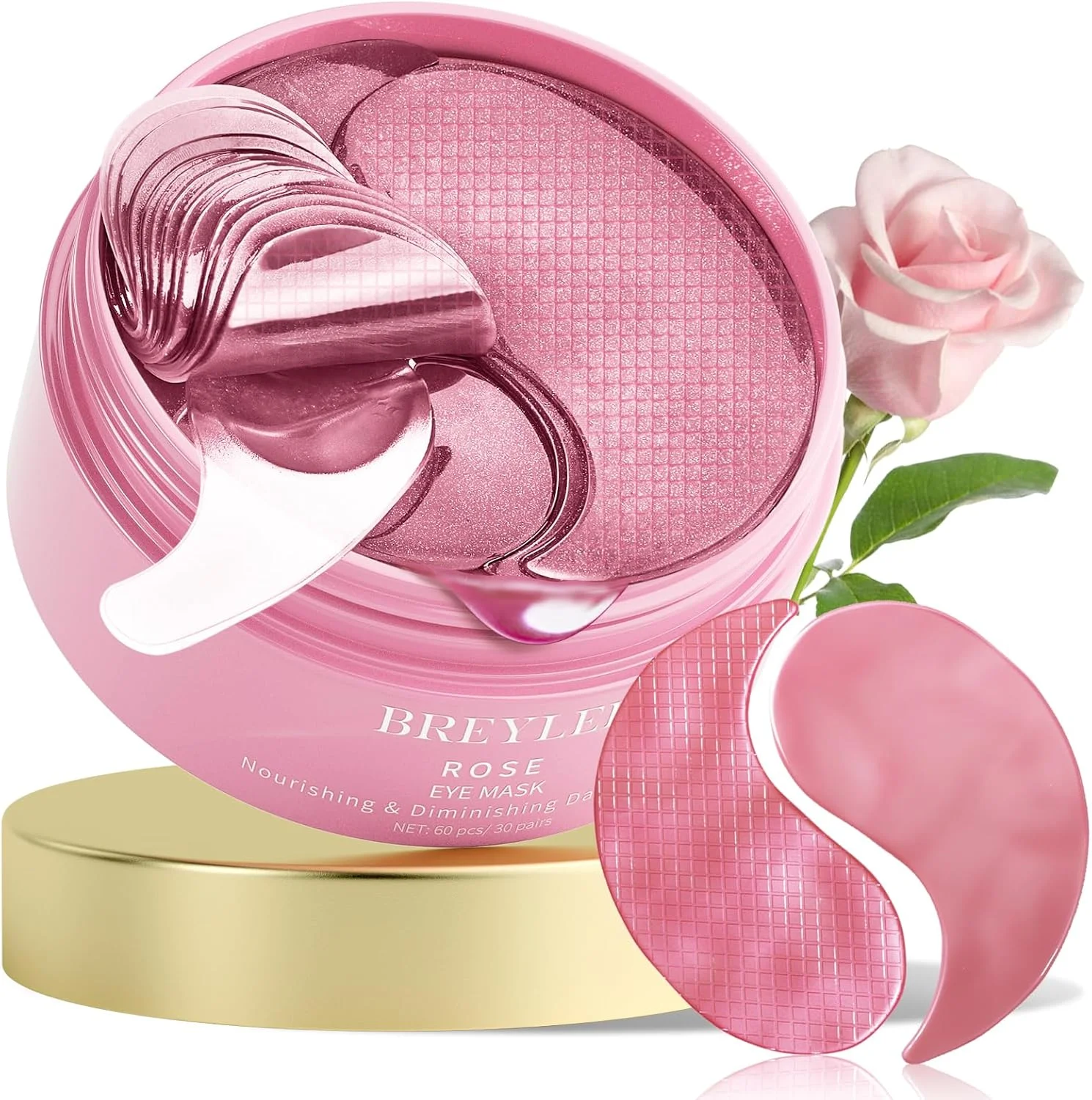 ماسک چشم گل رز BREYLEE - 60 عدد، پچ های زیر چشم، پچ های چشم برای پف زیر چشم، آبرسان، بهبود دهنده و سفت کننده ناحیه چشم، مناسب برای زنان و مردان.