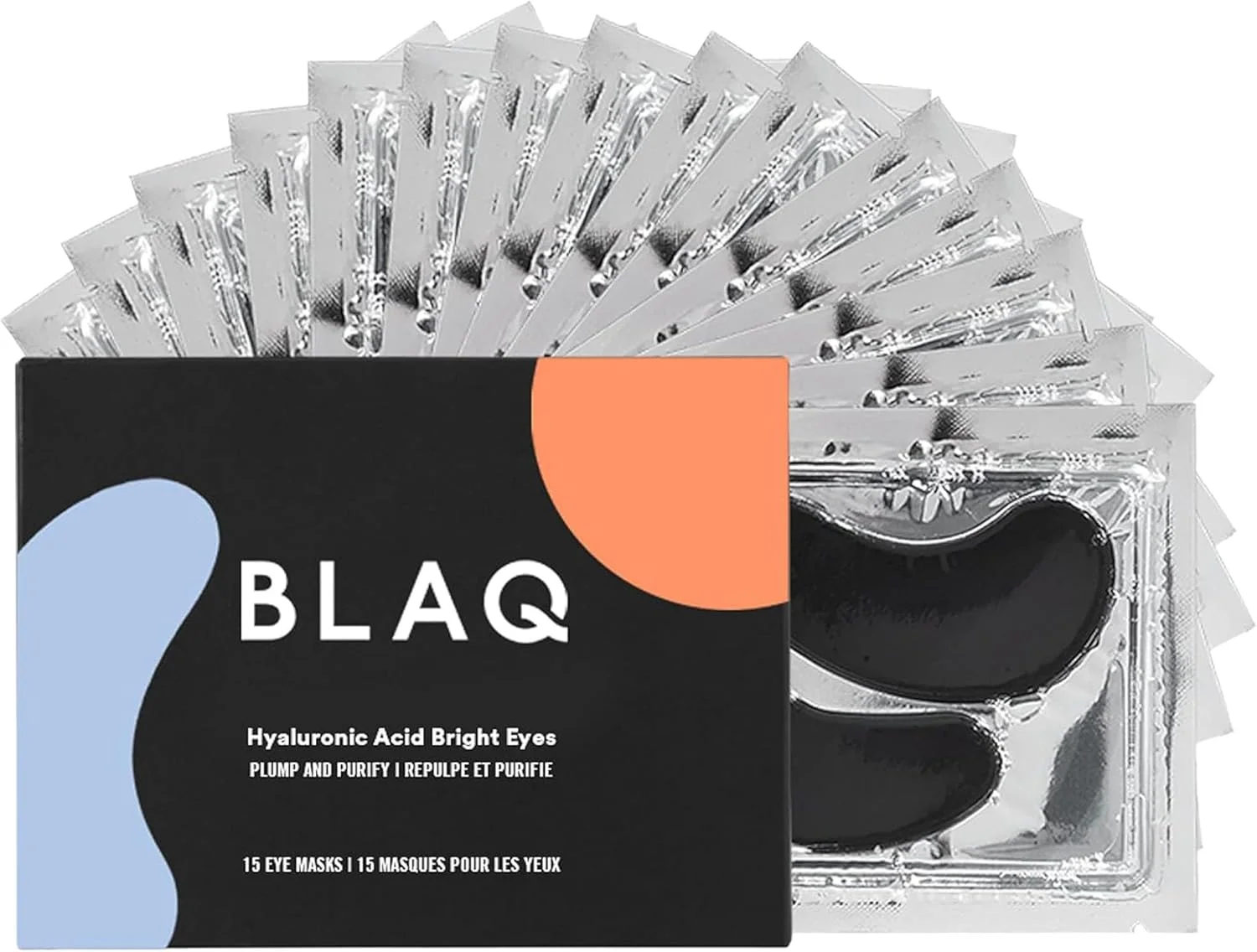 ماسک چشم BLAQ، ماسک چشم برای تیرگی و پف زیر چشم، ماسک زیر چشم با جلبک قرمز و زغال فعال، ماسک زیر چشم وگان و بدون تست حیوانی، 15 عددی، اسید هیالورونیک برای چشم های روشن