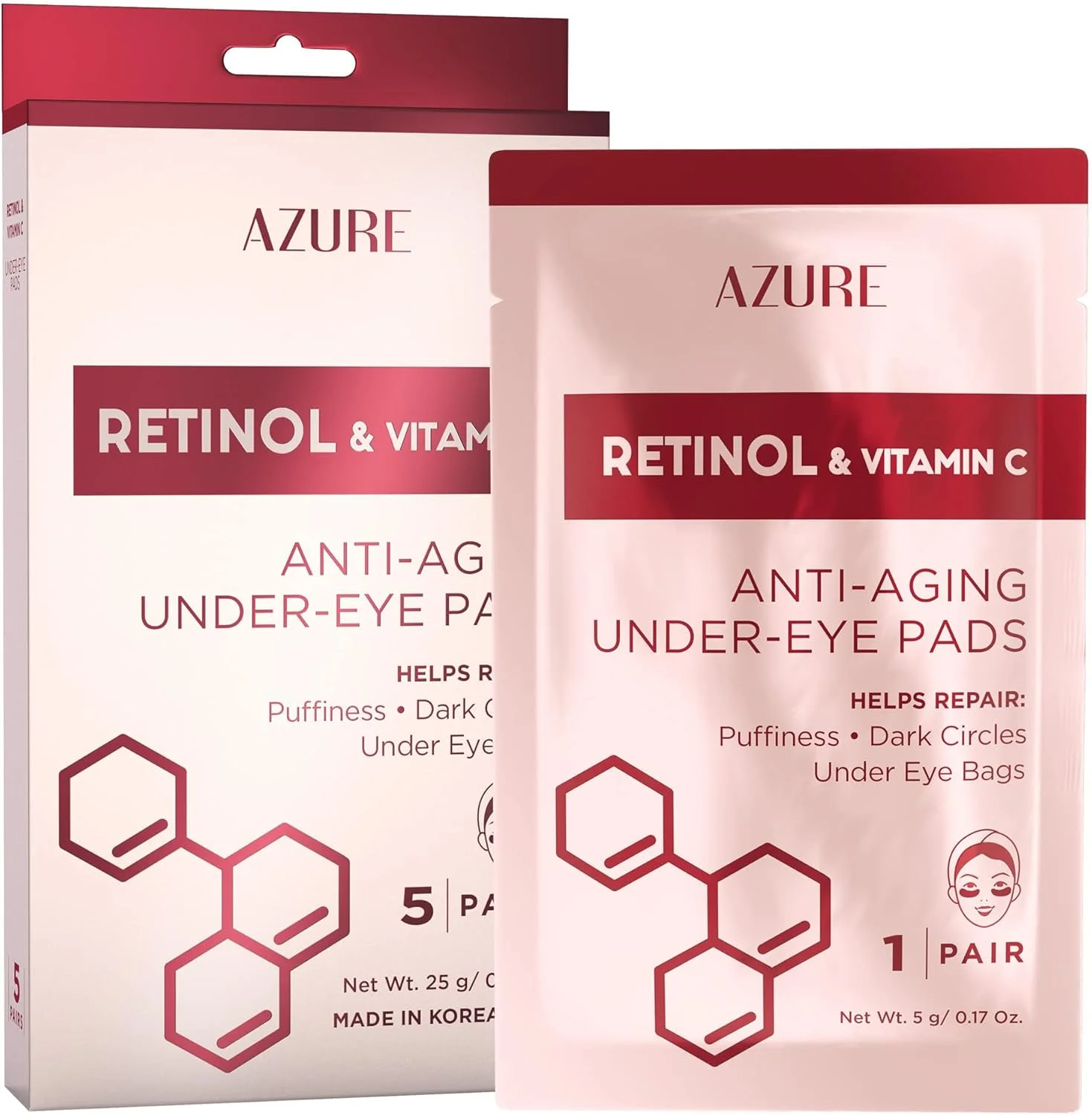 پدهای زیر چشم ضد پیری حاوی رتینول و ویتامین C Azure Cosmetics - پدهای ماسک چشم آبرسان و طراوت بخش - کاهش خطوط ریز، چین و چروک، سیاهی و پف - مراقبت از پوست ساخت کره - 5 جفت