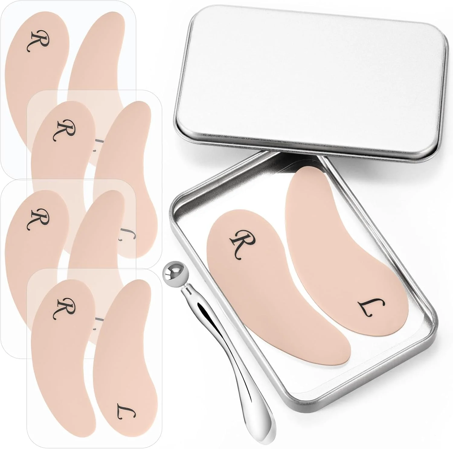 ۴ جفت پد زیر چشم سیلیکونی قابل استفاده مجدد، ماسک، پرکننده خطوط ریز، به همراه اپلیکاتور فلزی کرم دور چشم، جعبه فلزی، کرم