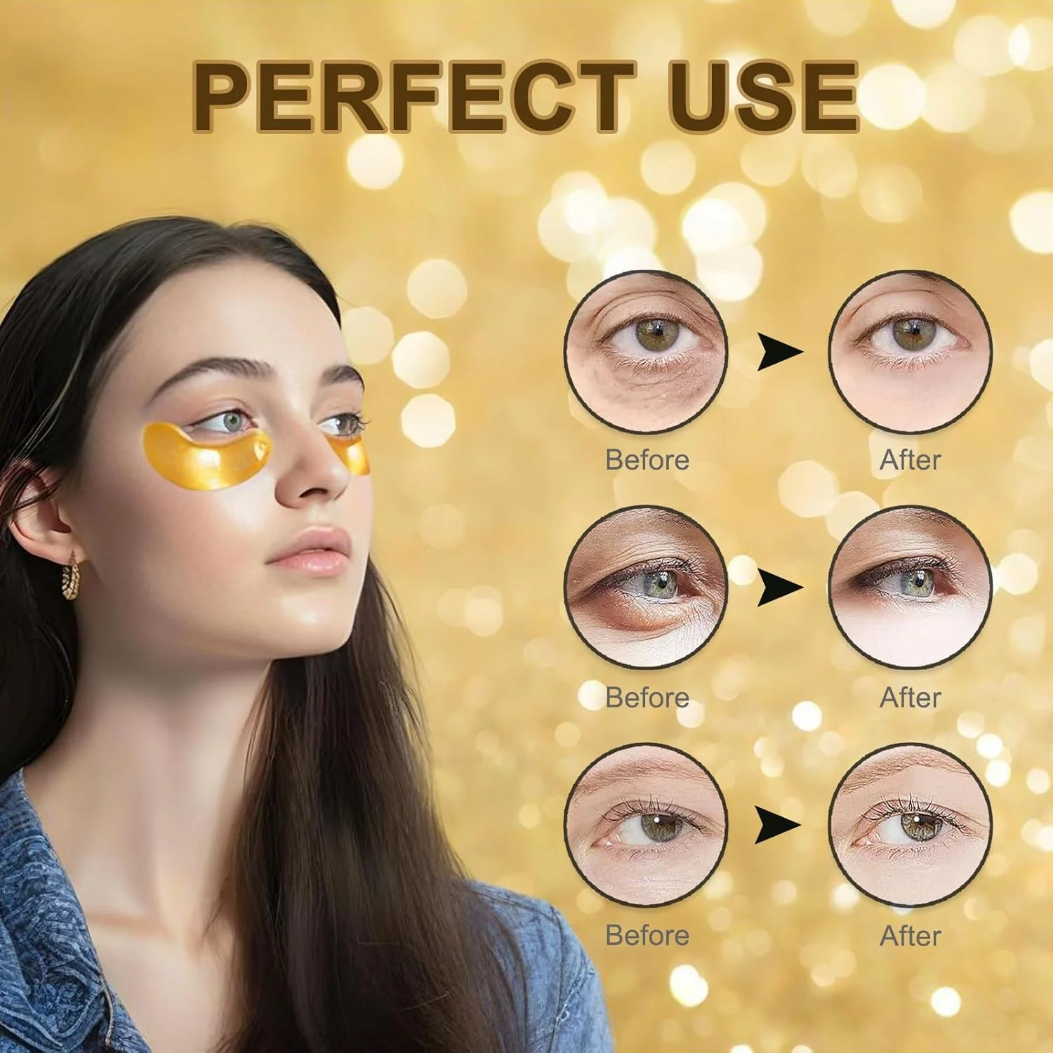 پد زیر چشم طلای 24K، ژل زیر چشم برای سیاهی دور چشم، پف و چین و چروک با کلاژن، تسکین دهنده فشار و کاهش دهنده چین و چروک، احیا کننده و شاداب کننده پوست شما