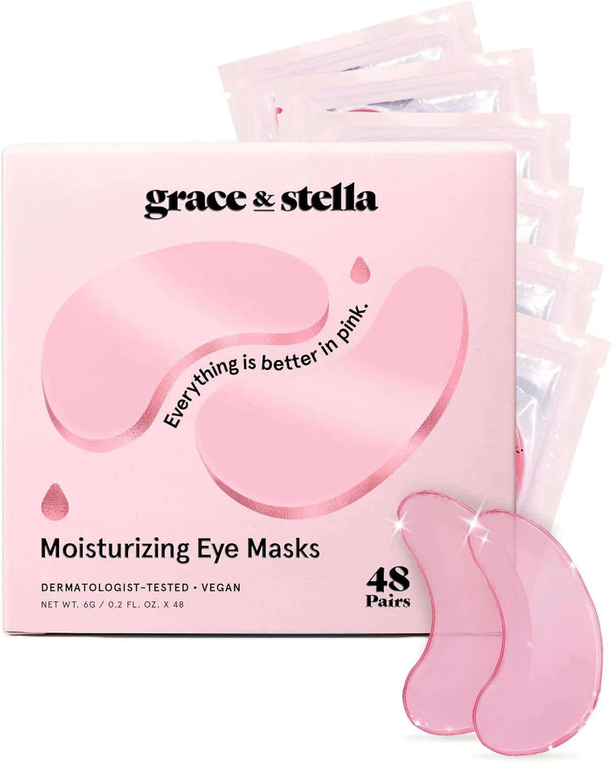 ماسک زیر چشم گریس اند استلا (صورتی، 48 جفت) کاهش تیرگی دور چشم، پف چشم، کیسه های زیر چشم، چین و چروک - پچ های ژلی زیر چشم، خود مراقبتی وگان