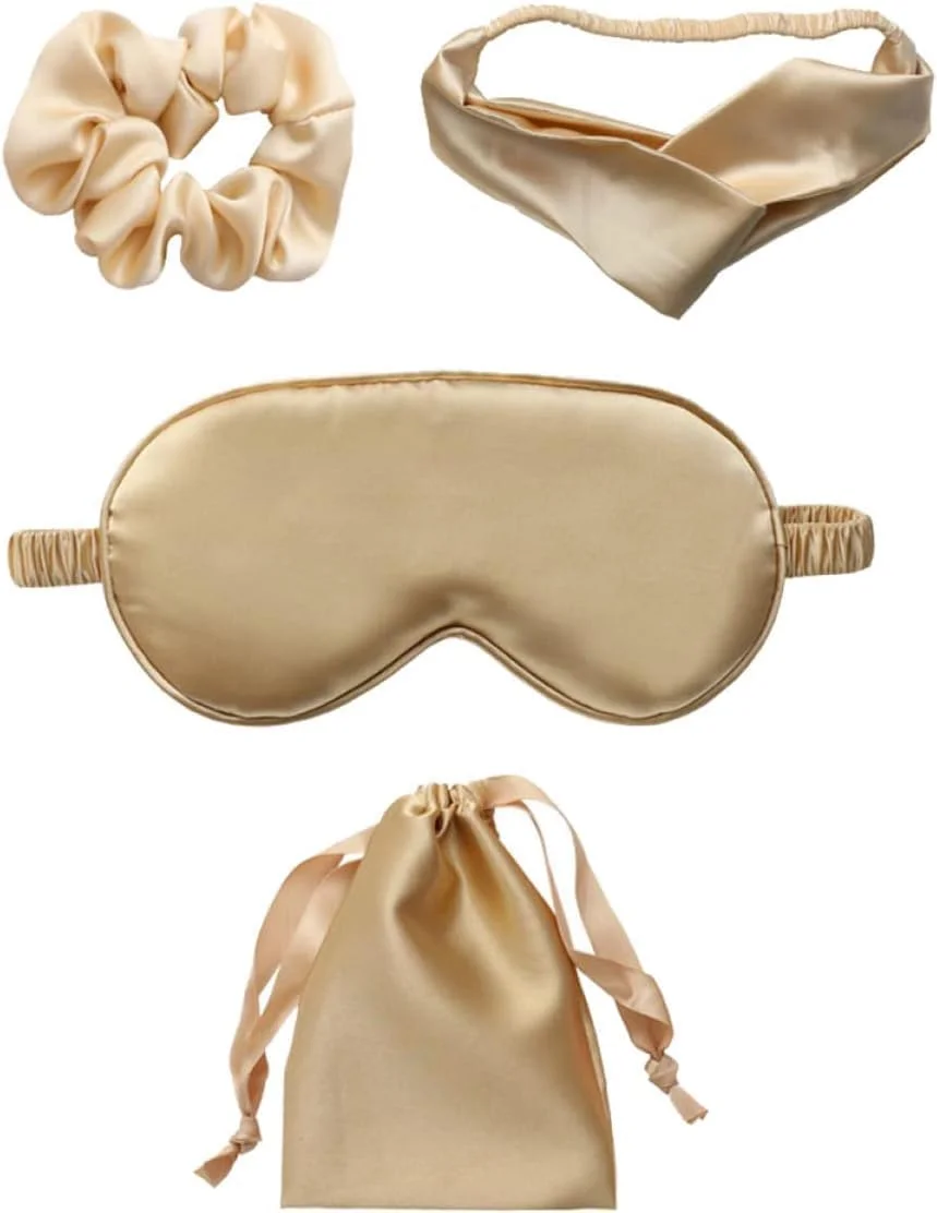 ماسک خواب چشم، ماسک خواب چشم ساتن ابریشمی، چشم بند نرم شب برای خواب زنان و مردان، پوشش سایه چشم با اسکرانچی موی ساتن، هدیه ساقدوش عروس، طلایی
