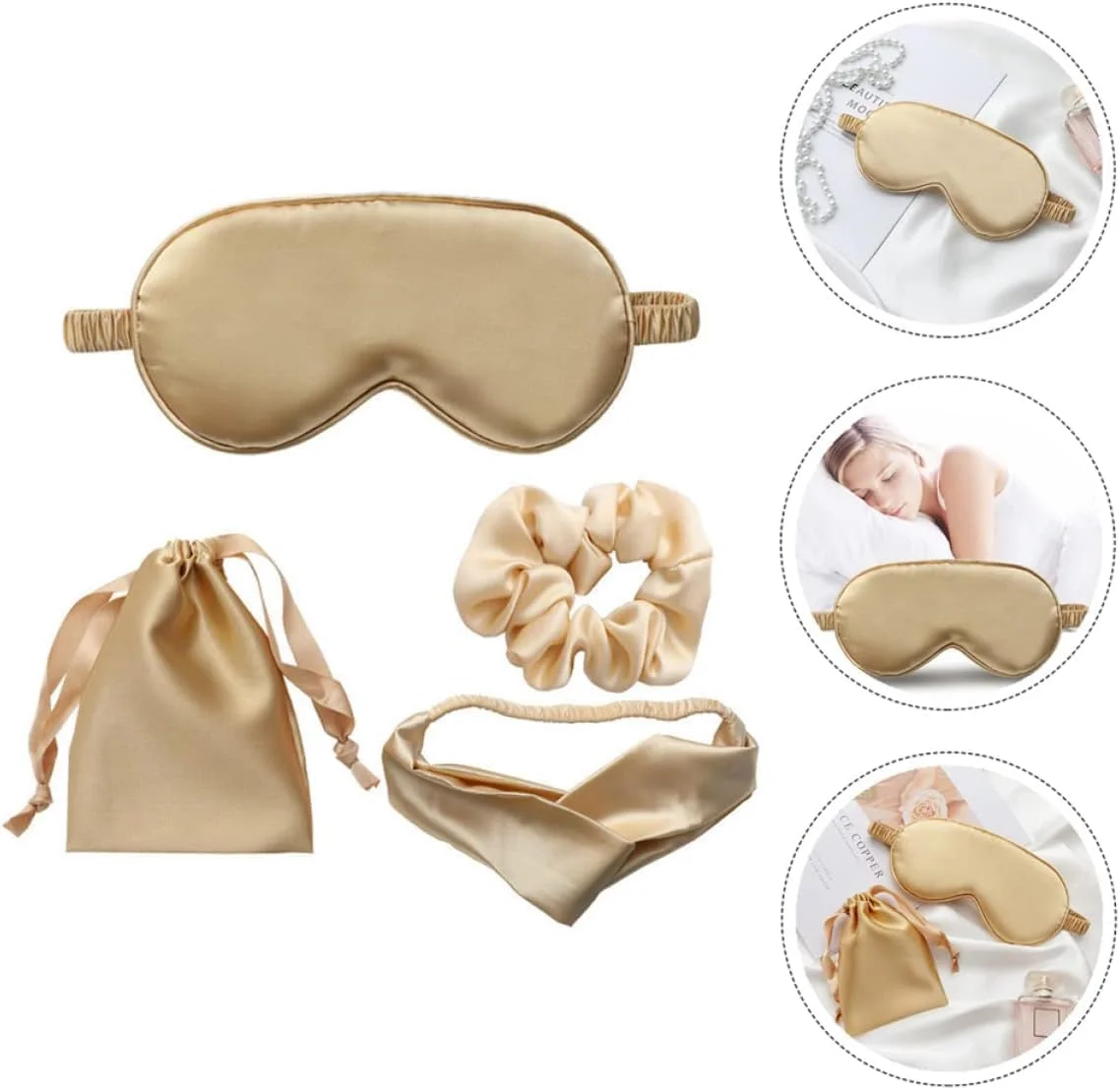 ماسک خواب چشم، ماسک خواب چشم ساتن ابریشمی، چشم بند نرم شب برای خواب زنان و مردان، پوشش سایه چشم با اسکرانچی موی ساتن، هدیه ساقدوش عروس، طلایی
