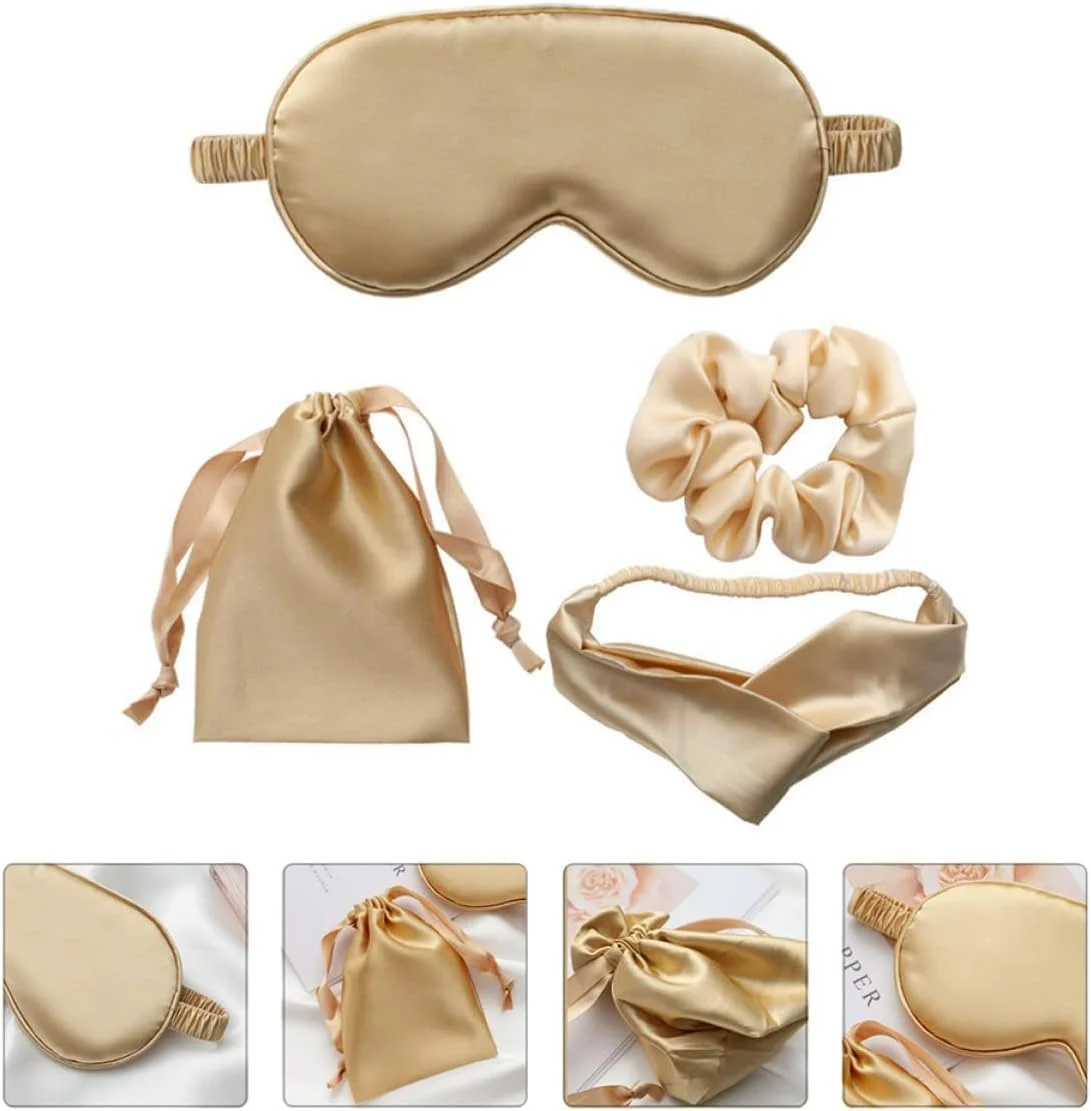 ماسک خواب چشم، ماسک خواب چشم ساتن ابریشمی، چشم بند نرم شب برای خواب زنان و مردان، پوشش سایه چشم با اسکرانچی موی ساتن، هدیه ساقدوش عروس، طلایی