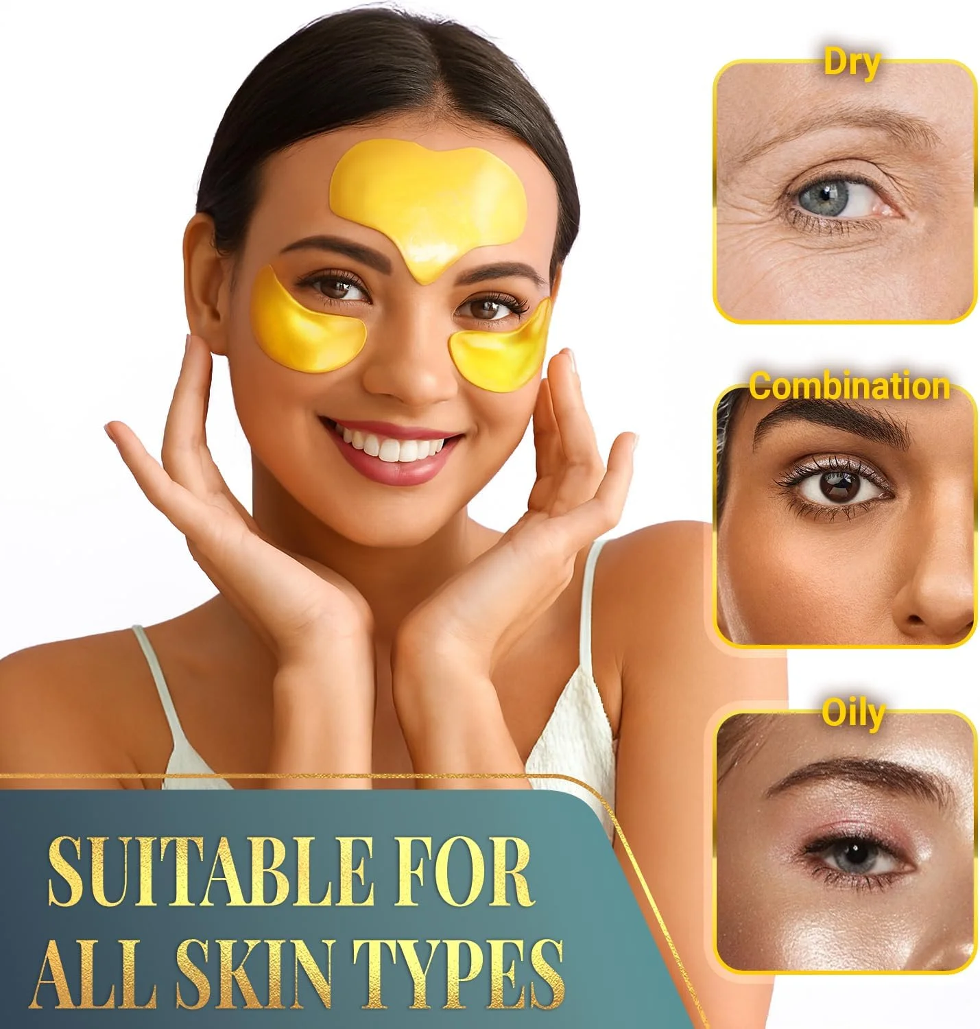 پد ضد چروک پیشانی و زیر چشم برای صورت - پدهای پوستی حاوی کلاژن، اسید هیالورونیک و ویتامین A - مجموعه پد از بین برنده خطوط پیشانی و چروک چشم - 26 ساشه طلایی