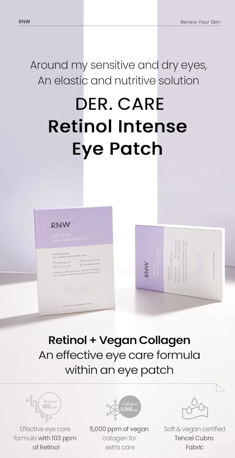 پچ دور چشم حاوی رتینول RNW Der. Care، 10 جفت * 5 گرم | ماسک تسکین دهنده زیر چشم برای سیاهی، پف و ورم با کلاژن وگان و فرمول آبرسان | مراقبت از پوست کره ای