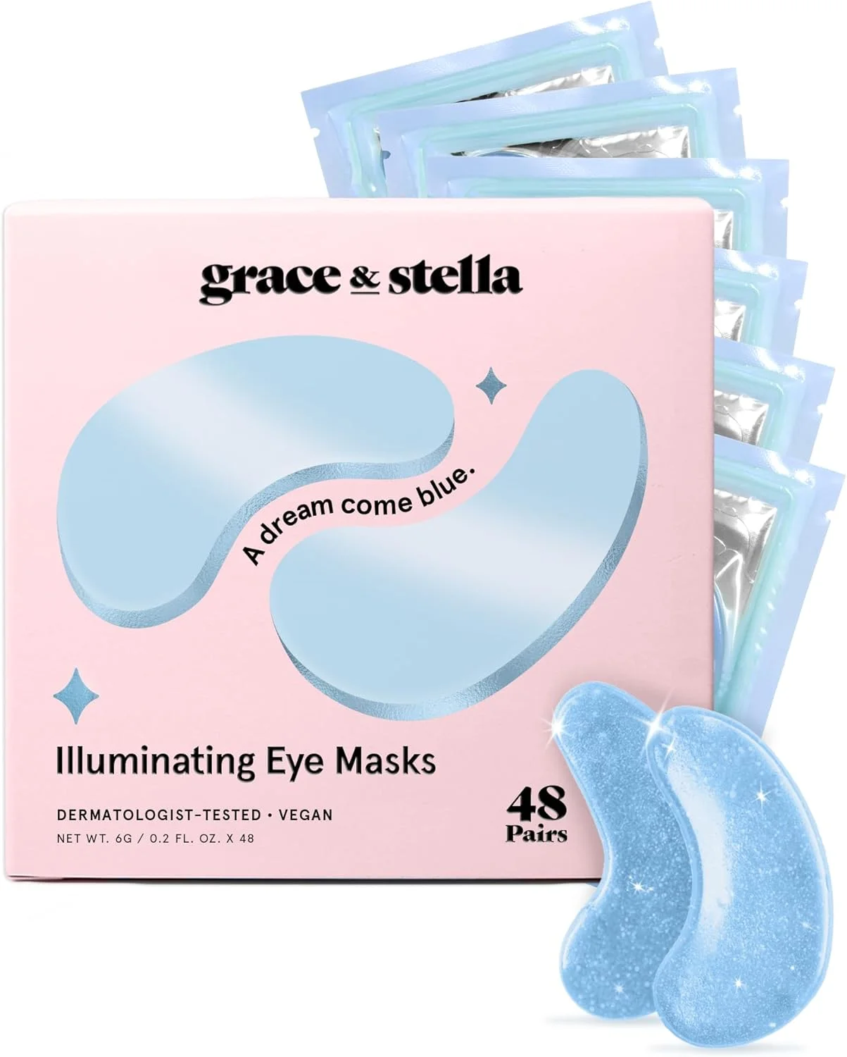 ماسک زیر چشم گریس اند استلا - کاهش تیرگی دور چشم، پف چشم، کیسه های زیر چشم، چین و چروک - پچ های ژلی زیر چشم، خود مراقبتی وگان بدون تست حیوانی توسط گریس اند استلا (48 جفت، آبی)