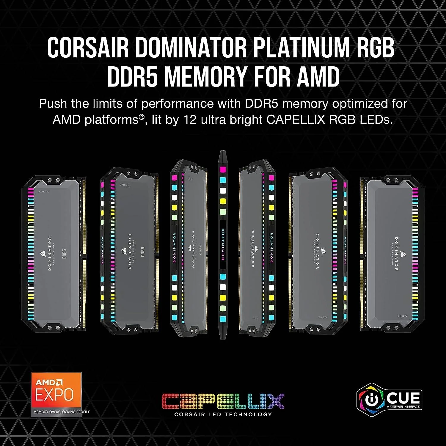 حافظه رم دسکتاپ کرسیر Dominator Platinum RGB با ظرفیت 32 گیگابایت (2x16GB) DDR5، سرعت تست شده 6000 مگاهرتز، تاخیر 36-36-36-76، پروفایل AMD Expo، فرمت DIMM 288 پین، ولتاژ 1.35، مشکی | CMT32GX5M2D6000Z36