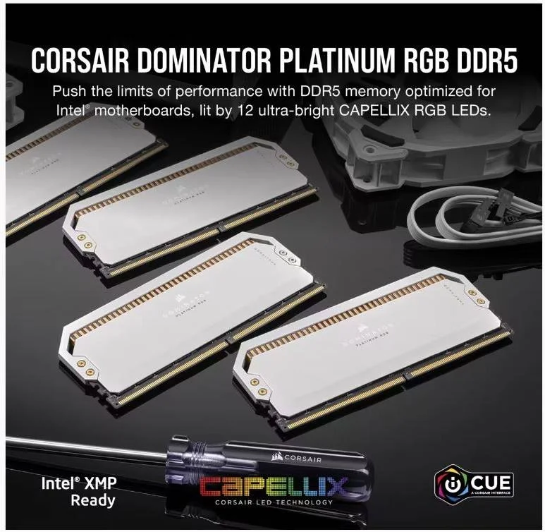 حافظه رم ۳۲ گیگابایتی (۲x۱۶GB) DDR5 کرسیر Dominator Platinum RGB، سرعت تست شده ۶۲۰۰ مگاهرتز، تاخیر C36، Extreme OC PMIC، ولتاژ ۱.۳۰، XMP 3.0، ۲۸۸ پین، سفید | CMT32GX5M2X6200C36W
