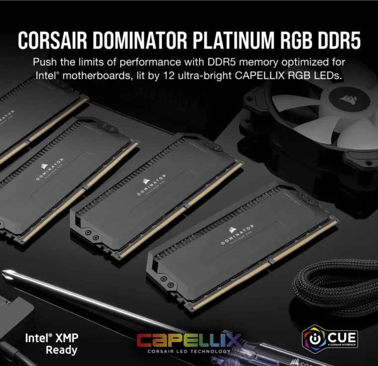 کیت حافظه 32 گیگابایتی (2x16 گیگابایتی) کرسیر Dominator Platinum RGB، رم DDR5 DRAM، سرعت 5200 مگاهرتز، تاخیر C40، PMIC اورکلاک، نورپردازی RGB LED، DIMM، 1.25 ولت، مشکی | CMT32GX5M2B5200C40
