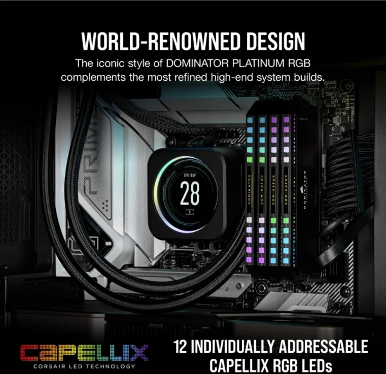 کیت حافظه 32 گیگابایتی (2x16 گیگابایت) کرسیر Dominator Platinum RGB، رم DDR5 DRAM، 5600 مگاهرتز، تاخیر C36، چند منطقه ای پویا، سازگاری با سری 60 اینتل، DIMM، مشکی | CMT32GX5M2X5600C36 / CMT32GX5M2B5600C36