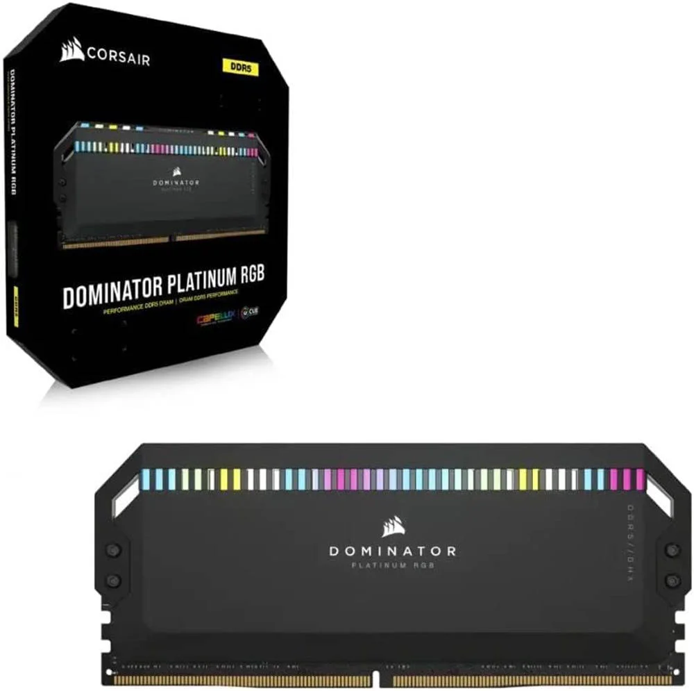 حافظه رم دسکتاپ 64 گیگابایتی (2x32GB) Corsair Dominator Platinum RGB DDR5، سرعت تست شده 6400 مگاهرتز، تاخیر 32-40-40-84، پروفایل Intel XMP 3.0، فرمت رم کامپیوتر 288 پین، ولتاژ 1.40 ولت، مشکی | CMT64GX5M2B6400C32