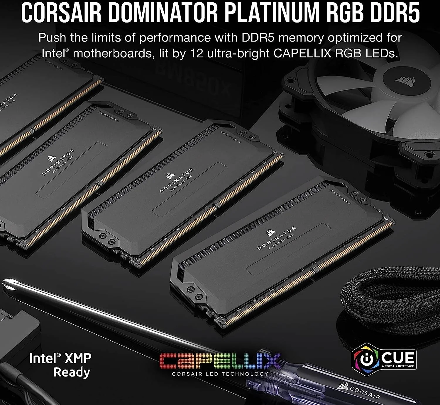 حافظه رم دسکتاپ 64 گیگابایتی (4x16GB) DDR5 کرسیر Dominator Platinum RGB، سرعت تست شده 6200 مگاهرتز، تاخیر 32-38-38-80، پروفایل Intel XMP 3.0، فرمت PC RAM 288-Pin، ولتاژ 1.40، مشکی | CMT64GX5M4B6200C32