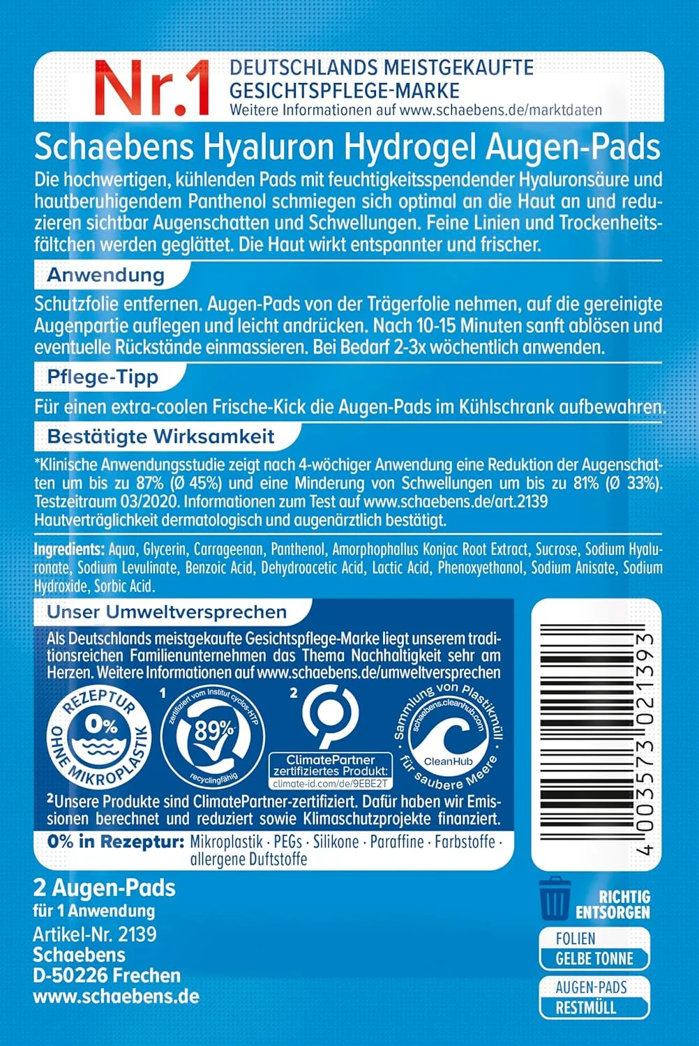 پدهای هیدروژل هیالورونیک اسید Schaebens مرطوب کننده و کاهش دهنده تیرگی دور چشم با هیالورونیک اسید و پانتنول مناسب برای انواع پوست وگان