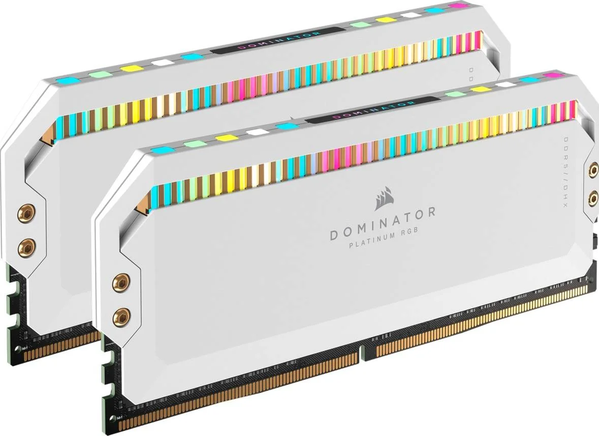 حافظه رم دسکتاپ 64 گیگابایتی DDR5 کرسیر Dominator Platinum RGB، سرعت 5600 مگاهرتز، تاخیر 40-40-40-77، پروفایل Intel XMP 3.0، فرمت DIMM 288 پین، ولتاژ 1.25 ولت، Non-ECC Unbuffered، سفید | CMT64GX5M2B5600C40W