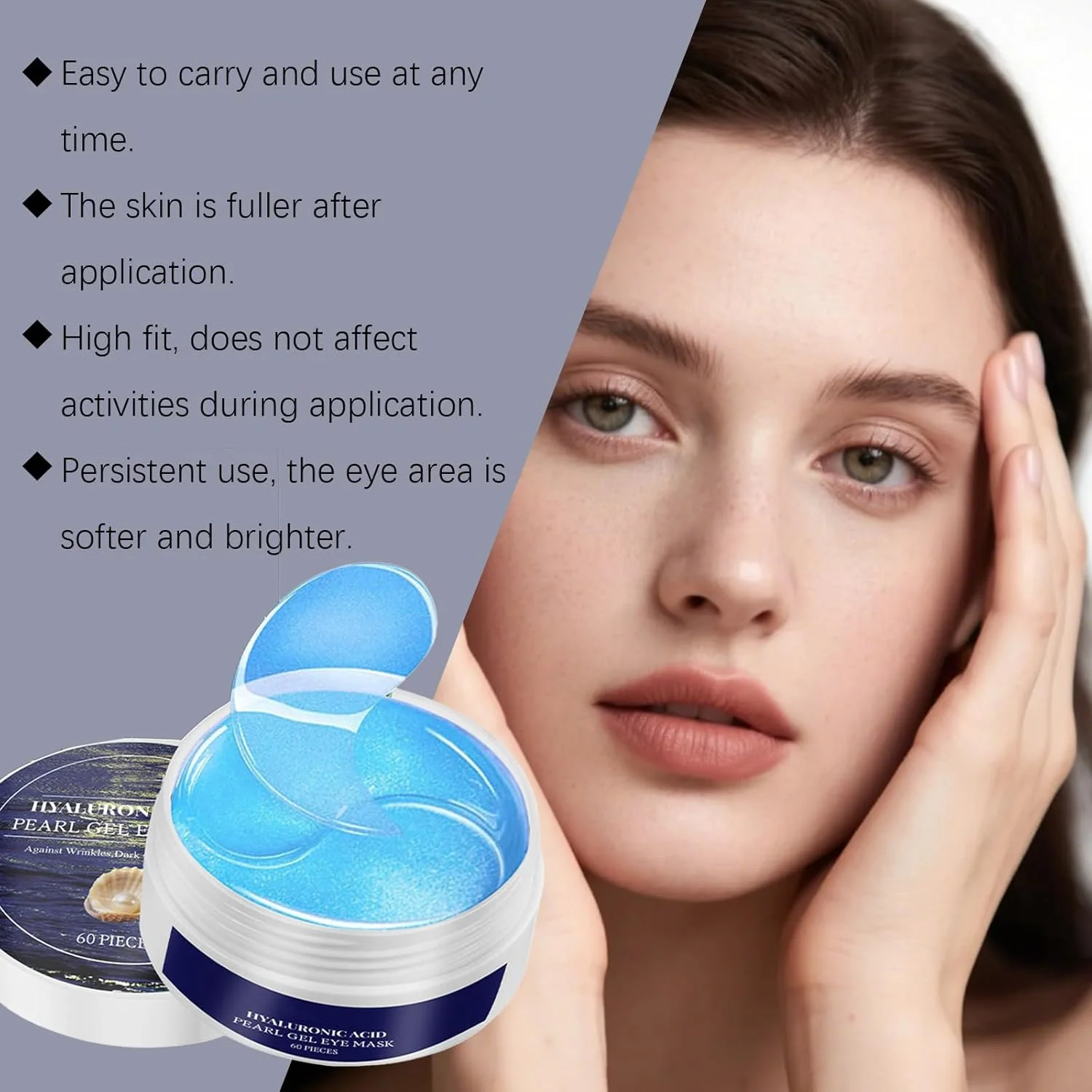 ماسک چشم ژلی مروارید اسید هیالورونیک 60 عددی، برای سیاهی دور چشم، پف و چین و چروک، مراقبت از چشم با ژل خنک کننده، ماسک چشم مرطوب کننده برای خاصیت ارتجاعی، چسبندگی به چشم، روشن کننده خطوط ریز