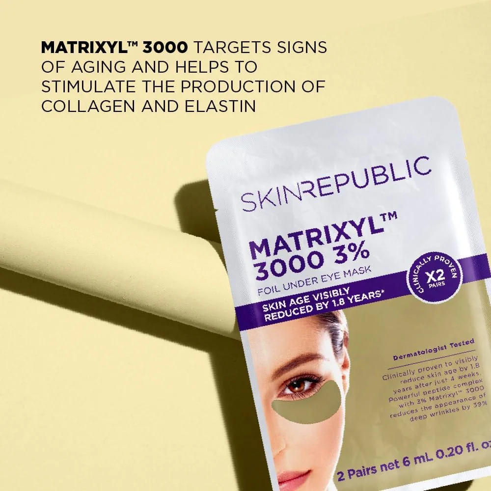 پد زیر چشم ضد پیری Skin Republic Matrixyl 3000 (2 جفت) - ماسک زیر چشم با کمپلکس پپتیدی، افزایش کلاژن و الاستین، کاهش چروک های عمیق، بهبود بافت پوست و جوانسازی پوست