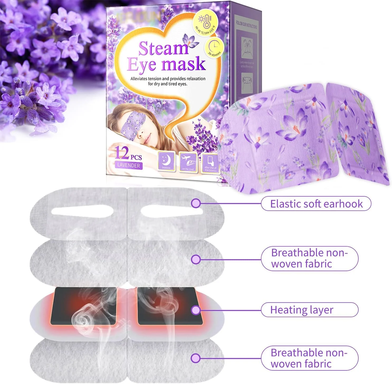 ۱۲ عدد ماسک چشم بخار اسطوخودوس، ماسک چشم گرم خود گرم شونده برای خشکی چشم، حلقه های تیره و رفع خستگی چشم، پد چشم کمپرس گرم مرطوب یکبار مصرف برای خانه، دفتر و مسافرت
