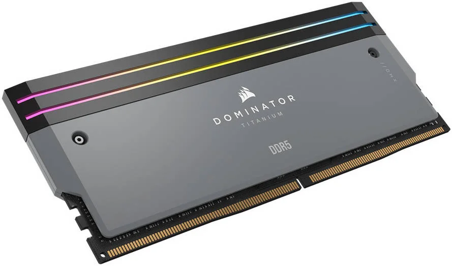 کیت حافظه دسکتاپ 64 گیگابایتی (2x32GB) DDR5 RGB کرسیر Dominator Titanium، سرعت حافظه 6000 مگاهرتز، تاخیر CL30 CAS، ولتاژ حافظه 1.40 ولت، 288 پین، XMP / AMD، سازگار با iCUE، خاکستری | CMP64GX5M2B6000Z30