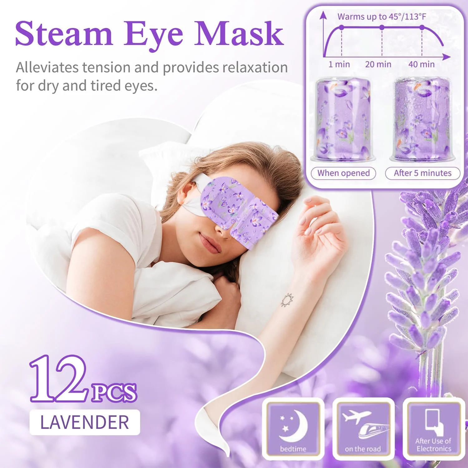 ۱۲ عدد ماسک چشم بخار اسطوخودوس، ماسک چشم گرم خود گرم شونده برای خشکی چشم، حلقه های تیره و رفع خستگی چشم، پد چشم کمپرس گرم مرطوب یکبار مصرف برای خانه، دفتر و مسافرت