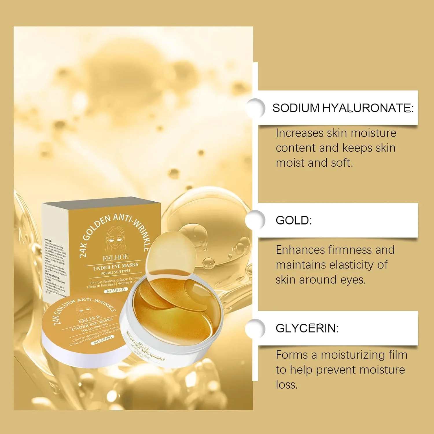 پدهای زیر چشم حاوی اسید هیالورونیک و طلای 24 عیار، کاهش پف و سیاهی دور چشم، صاف کننده چین و چروک، مغذی و مرطوب کننده، 60 عدد