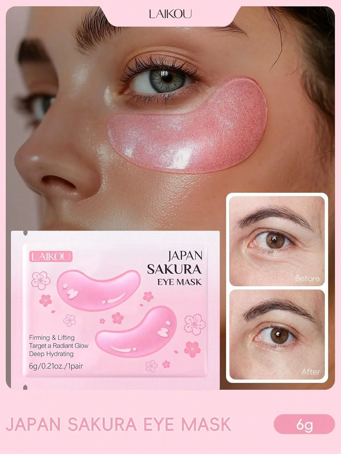 ماسک زیر چشم لایکو ژاپن ساکورا (10 جفت) – پچ های زیر چشم سنتلا و سدیم هیالورونات برای سیاهی دور چشم، پف و ضد پیری