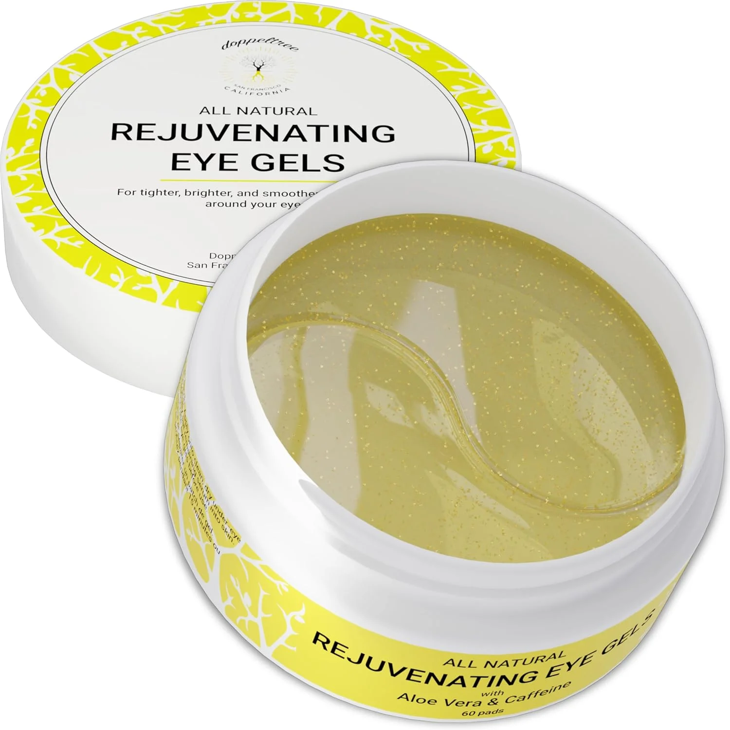 پدهای زیر چشم و ماسک هیدروژل کافئین طبیعی Doppeltree (60 عدد) - درمان ضد پیری برای خطوط پنجه کلاغی، پف، چروک، حلقه های تیره - فرموله شده در سان فرانسیسکو