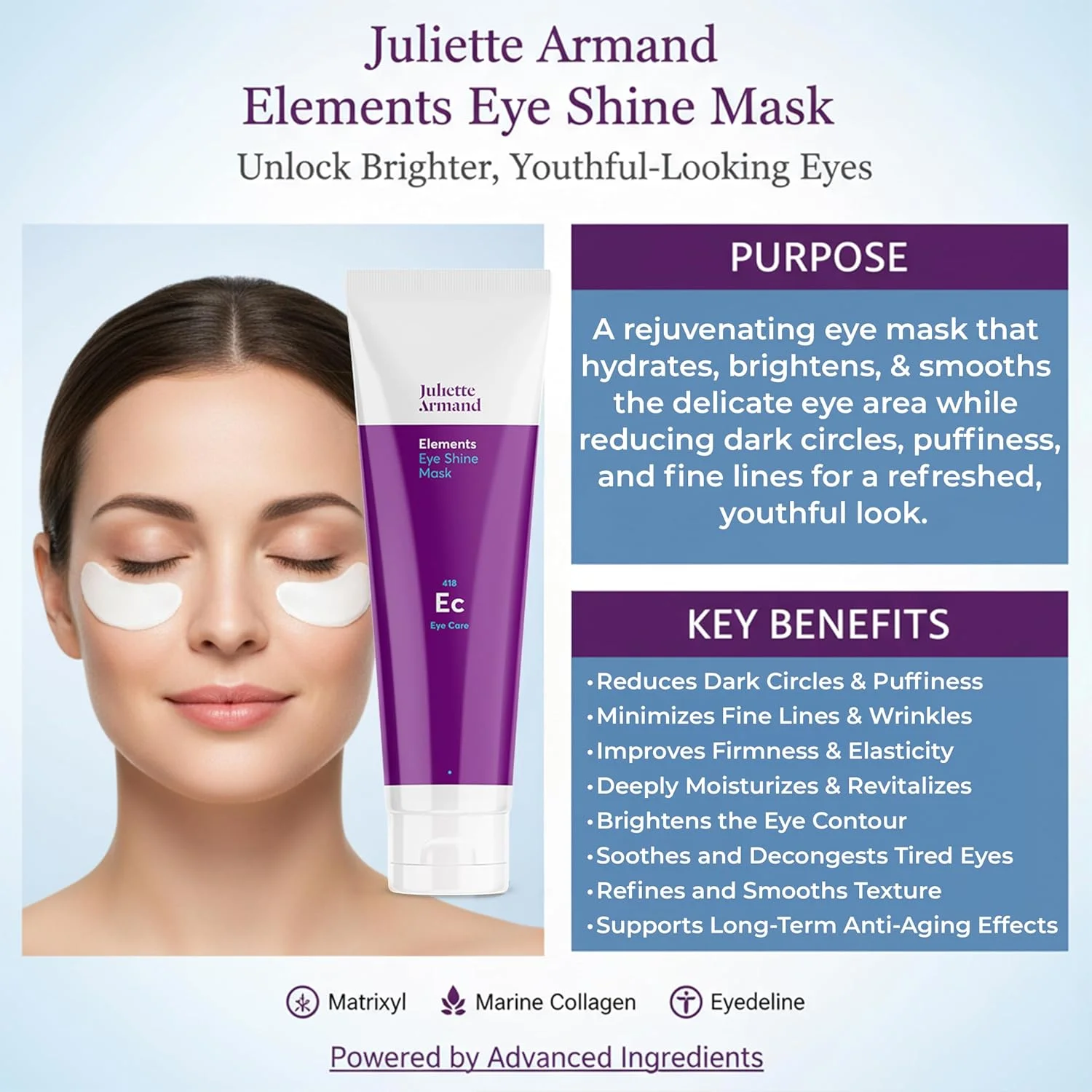 ماسک درخشان کننده دور چشم ژولیت آرماند سری المنتس 150 میلی لیتر، درمان احیا کننده حرفه ای، کاهش تیرگی، پف و چروک، روشن کننده، آبرسان و سفت کننده حاوی ماتریکسیل، آیدیلین و کلاژن دریایی