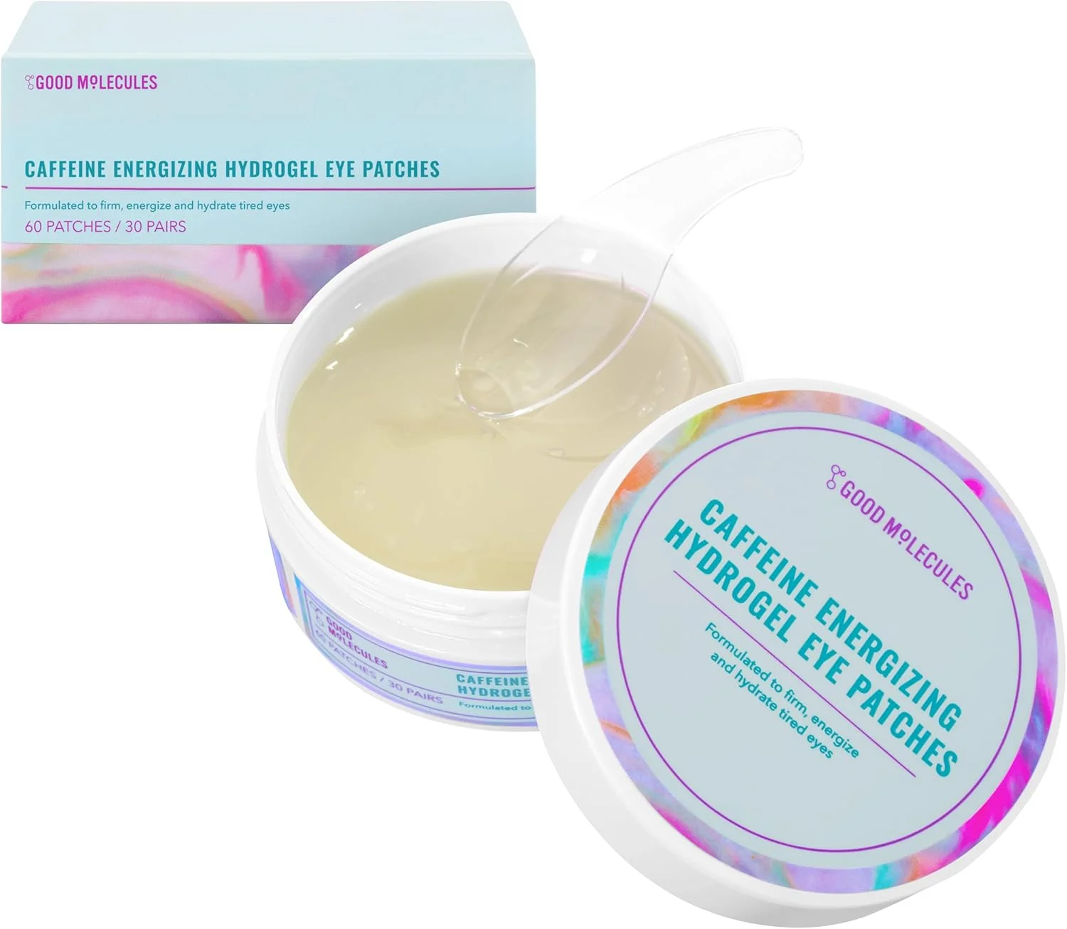 پچ های هیدروژلی انرژی بخش کافئین دار دور چشم گود مولکولز، 30 جفت! فرموله شده با کافئین، نیاسینامید و اسید هیالورونیک! ماسک چشم برای سفت کردن، انرژی بخشیدن و آبرسانی به چشم های خسته! وگان و بدون تست حیوانی!