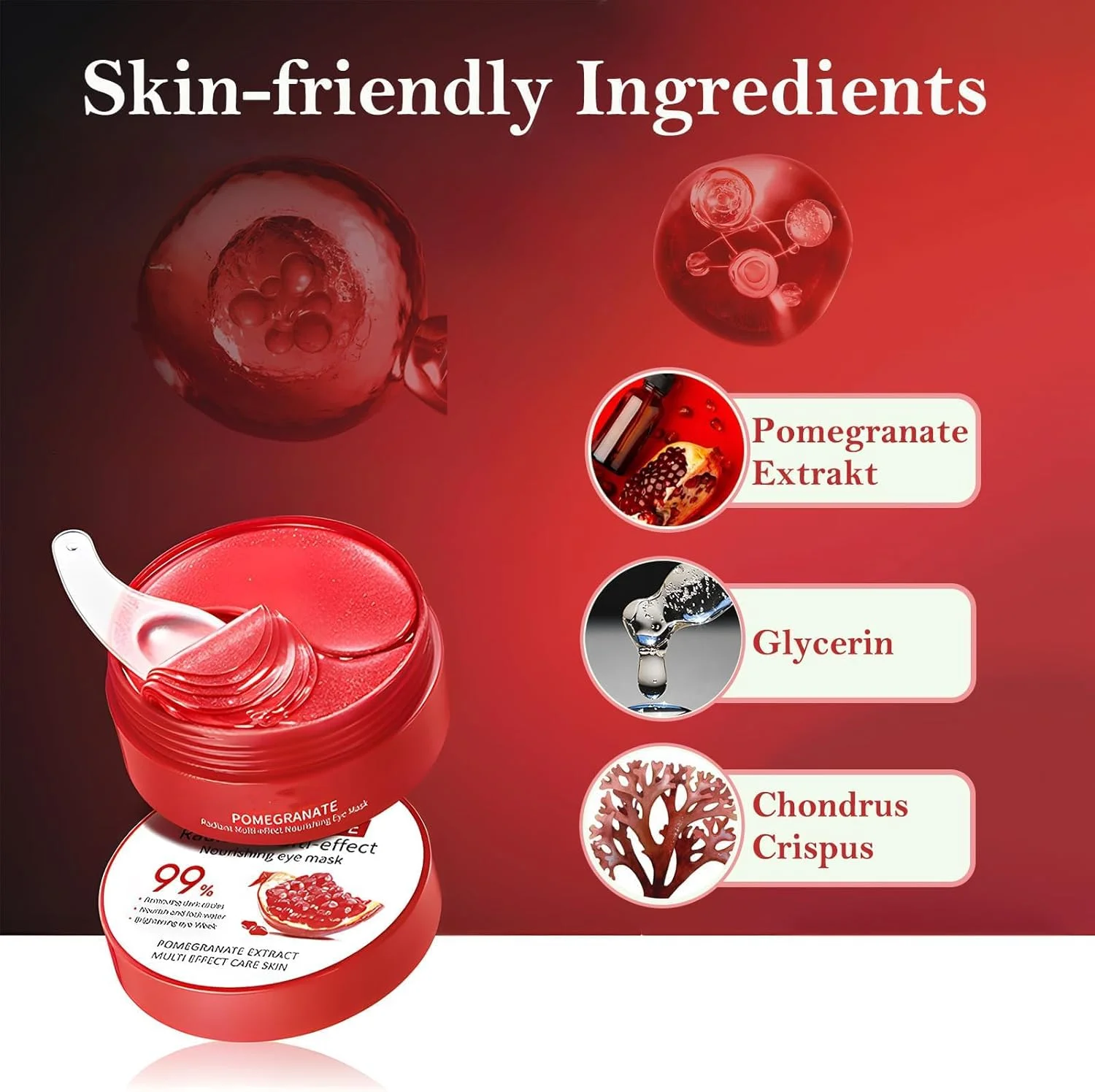 ماسک زیر چشم، پدهای زیر چشم انار، پدهای ژلی آبرسان چشم برای پف زیر چشم، حلقه‌های تیره، کیسه‌های چشم، پف، خطوط ریز و چین و چروک با عصاره‌های طبیعی خالص ماسک ژله‌ای زیر چشم