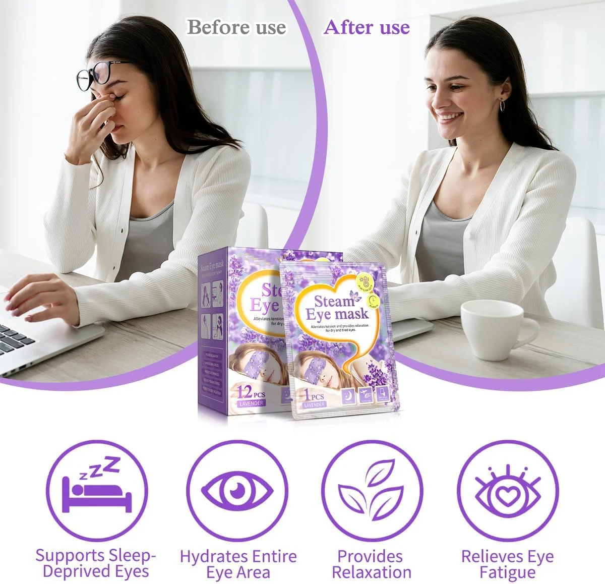 ماسک چشم بخار 12 عددی، خود گرم شونده، اسطوخودوس، کمپرس گرم یکبار مصرف برای خشکی چشم، پف چشم و رفع خستگی چشم برای مسافرت، خانه و محل کار