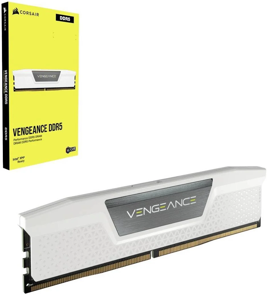 حافظه رم دسکتاپ کرسیر Vengeance با ظرفیت 32 گیگابایت (2x16GB) DDR5، تاخیر 40-40-40-77، سرعت تست شده 5200 مگاهرتز، رتبه PC5-41600، XMP 3.0، اورکلاک PMIC، سفید | CMK32GX5M2B5200C40W