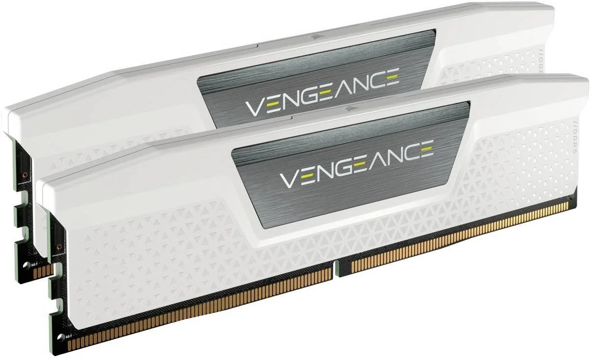 حافظه رم دسکتاپ کرسیر Vengeance با ظرفیت 32 گیگابایت (2x16GB) DDR5، تاخیر 40-40-40-77، سرعت تست شده 5200 مگاهرتز، رتبه PC5-41600، XMP 3.0، اورکلاک PMIC، سفید | CMK32GX5M2B5200C40W
