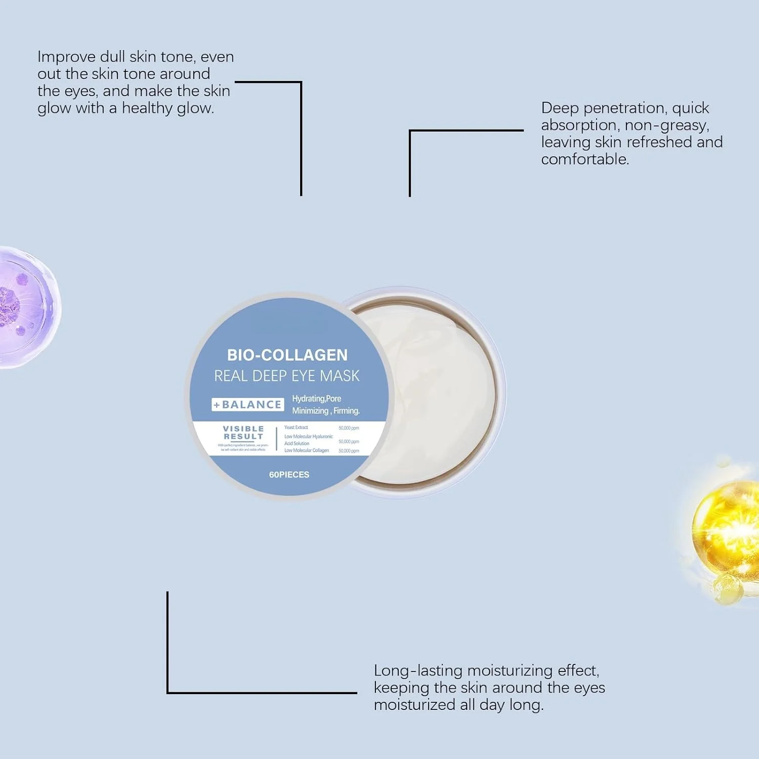 پچ های زیر چشم کلاژن، ماسک چشم، 30 جفت پچ زیر چشم برای سیاهی دور چشم، پف، خطوط ریز، حاوی هیالورونیک اسید و نیاسینامید