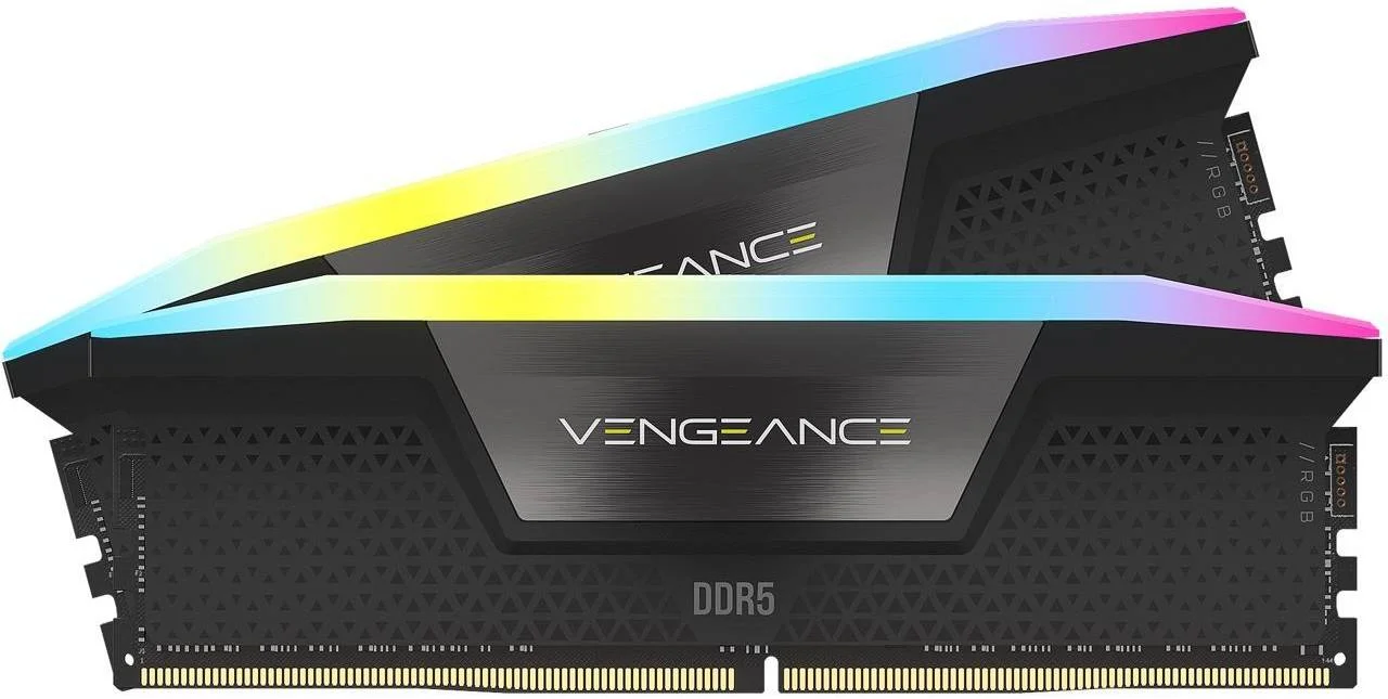 کیت حافظه دسکتاپ دو کاناله 64 گیگابایتی (2 عدد 32 گیگابایتی) CORSAIR VENGEANCE RGB DDR5، 288 پین، سرعت تست شده 6000 مگاهرتز، تاخیر 40-40-40-77، چیپست Intel XMP 3.0، اورکلاک PMIC | CMH64GX5M2B6000C40