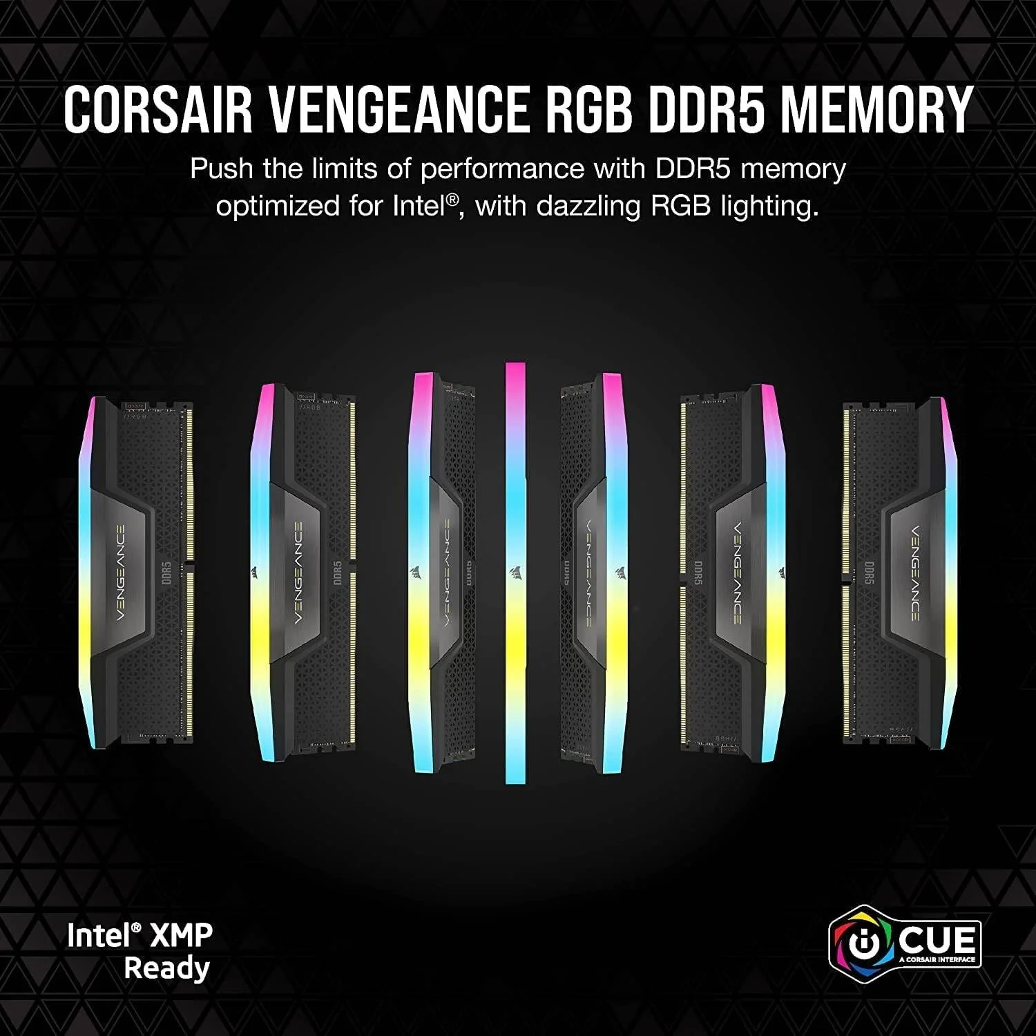 کیت حافظه دسکتاپ دو کاناله 64 گیگابایتی (2 عدد 32 گیگابایتی) CORSAIR VENGEANCE RGB DDR5، 288 پین، سرعت تست شده 6000 مگاهرتز، تاخیر 30-36-36-76، چیپست Intel XMP 3.0، PMIC اورکلاک، 1.40 ولت، مشکی | CMH64GX5M2B6000C30
